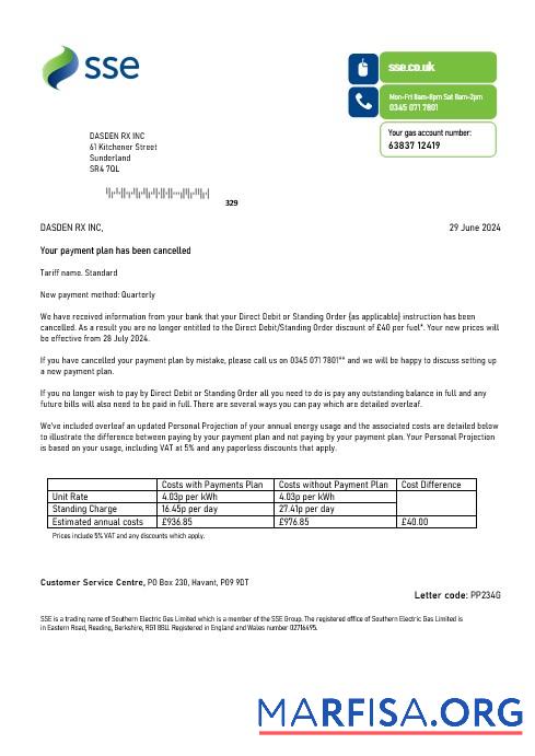 Realistic United Kingdom SSE Energy business utility bill template in Word and PDF formats, version 1